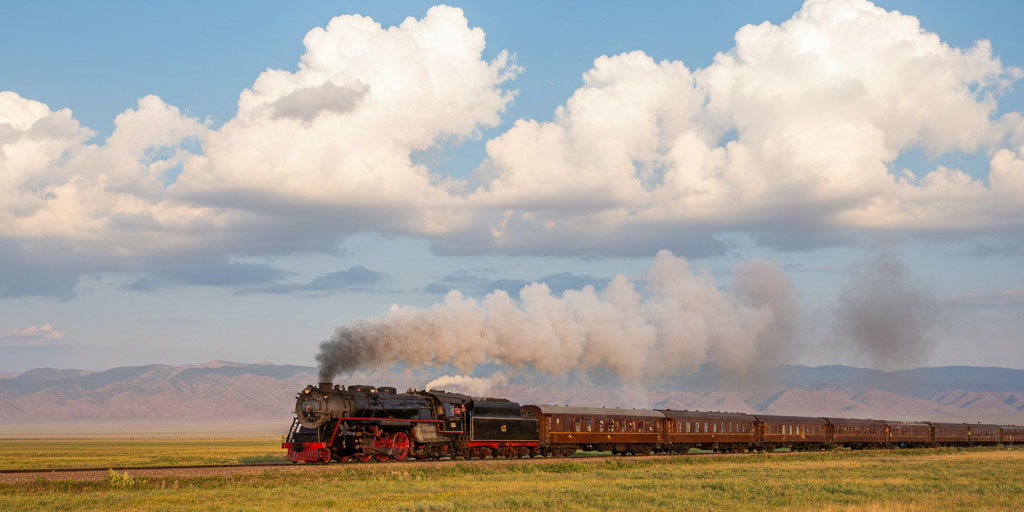 雲奔蒸氣 - 藍天白雲下在大地上行駛的蒸汽火車
